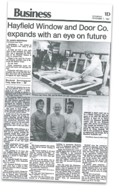 News Article in the Business section titled, Hayfield Window & Door Co. expands with an eye on future