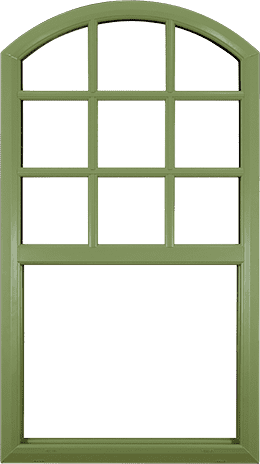 Example of a rounded-top, green, wood-textured vinyl window with matching crossbars